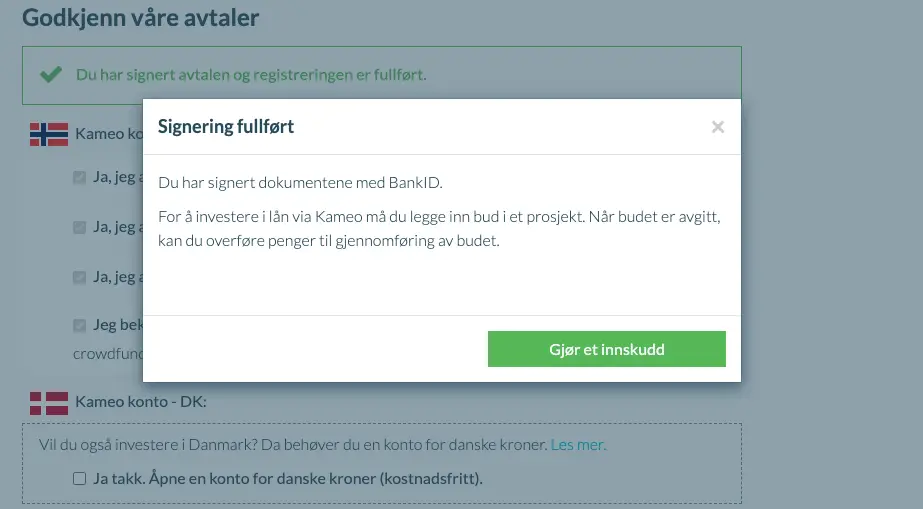 Skjermbilde av oppretting av konto for crowdlending