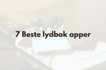 Bilde av ydbok app på iphone med headset og tekst "7 beste lydbok apper"